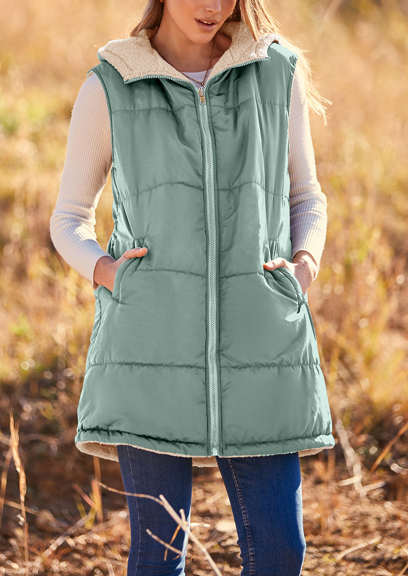 PRETTYGARDEN Womens Fall Reversible Vests Sleeveless Fleece Jacket Zip Up Hoodie Pockets Long Warm Winter Coat Outerwear