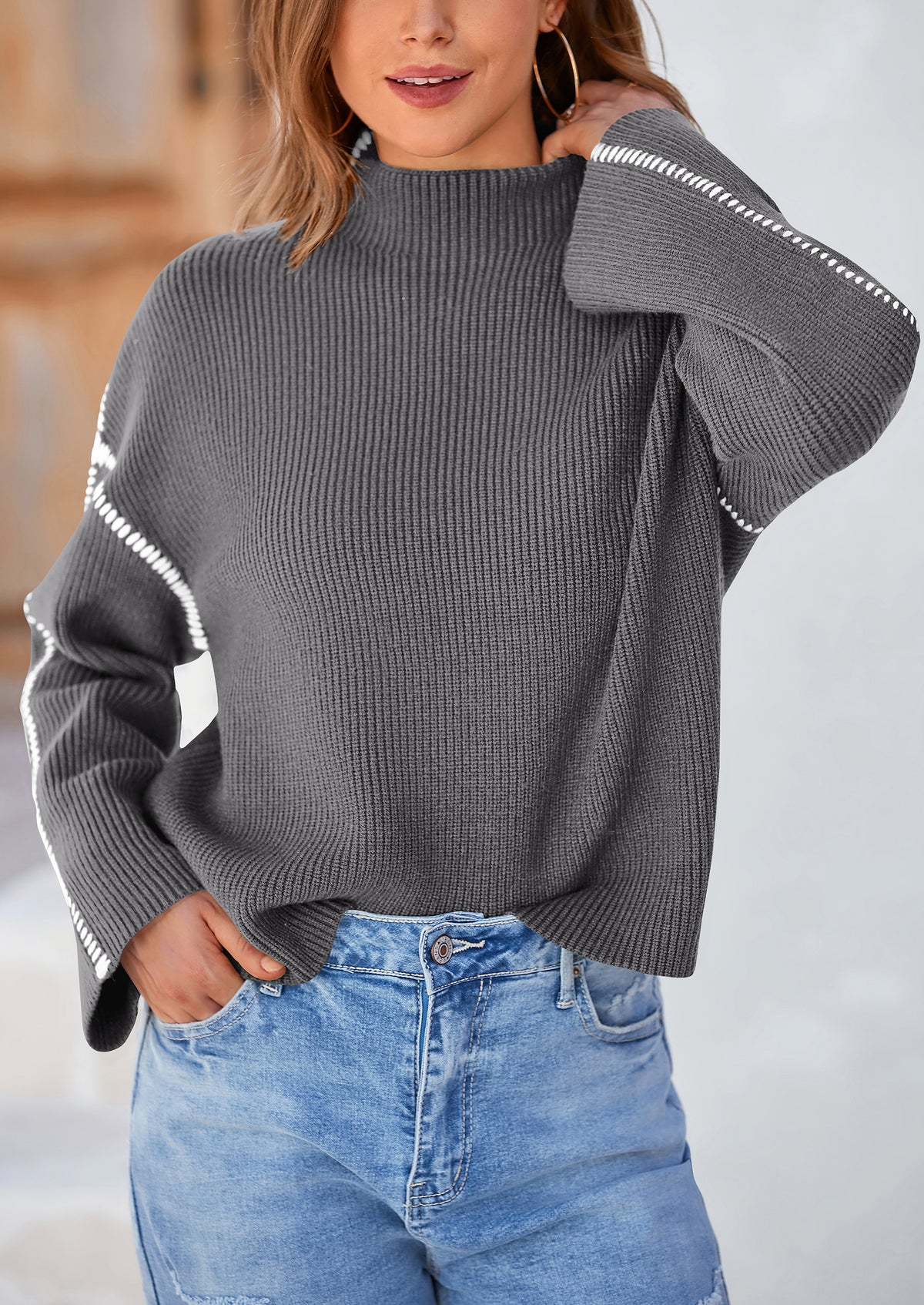 Chunky Knit  Casual Long Sleeve Mock Neck Oversized Loose Sweaters