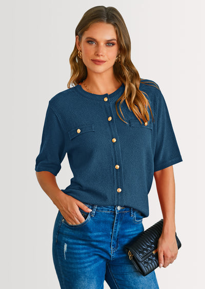 PRETTYGARDEN Women's Summer Button Down Shirts Casual Short Sleeve Crew Neck Ribbed Knit Blouse Top Cardigans