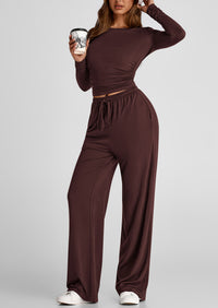 Long Sleeve Crop Tee Wide Leg Pants Two Piece Sets