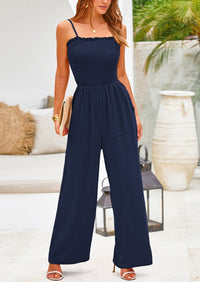 Linen Smocked Spaghetti Strap Pockets Wide Leg Jumpsuits