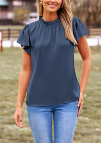 Satin Dressy Casual Ruffle Short Sleeve Crew Neck Work Party Blouses