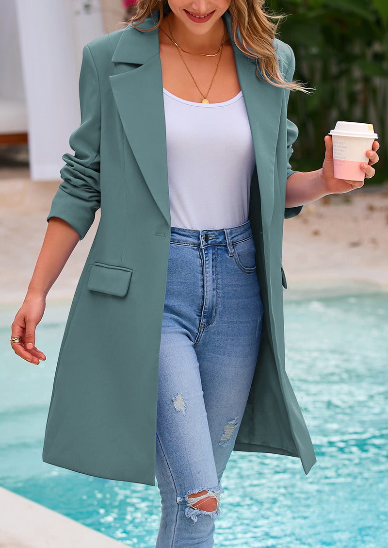 PRETTYGARDEN Women's Spring Fall Long Blazer Jackets Long Sleeve Lapel Pockets Loose Fit Work Casual Blazers Outerwear