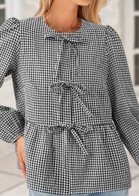 Babydoll Peplum Puff Long Sleeve Bow Tie Front Cute Y2K Blouses