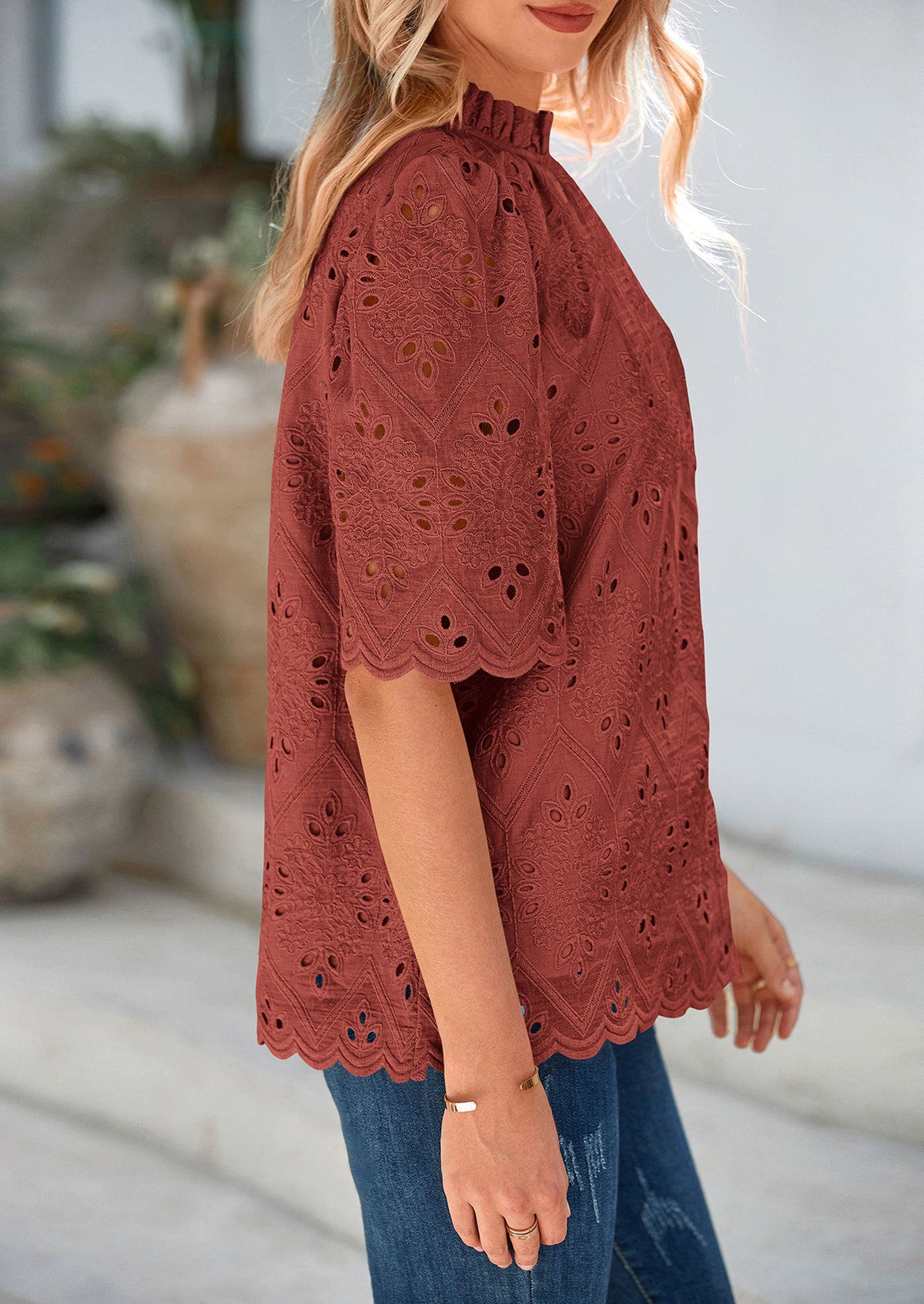 Short Sleeve Eyelet Embroidered Dressy Casual Blouse