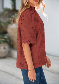 Short Sleeve Eyelet Embroidered Dressy Casual Blouse