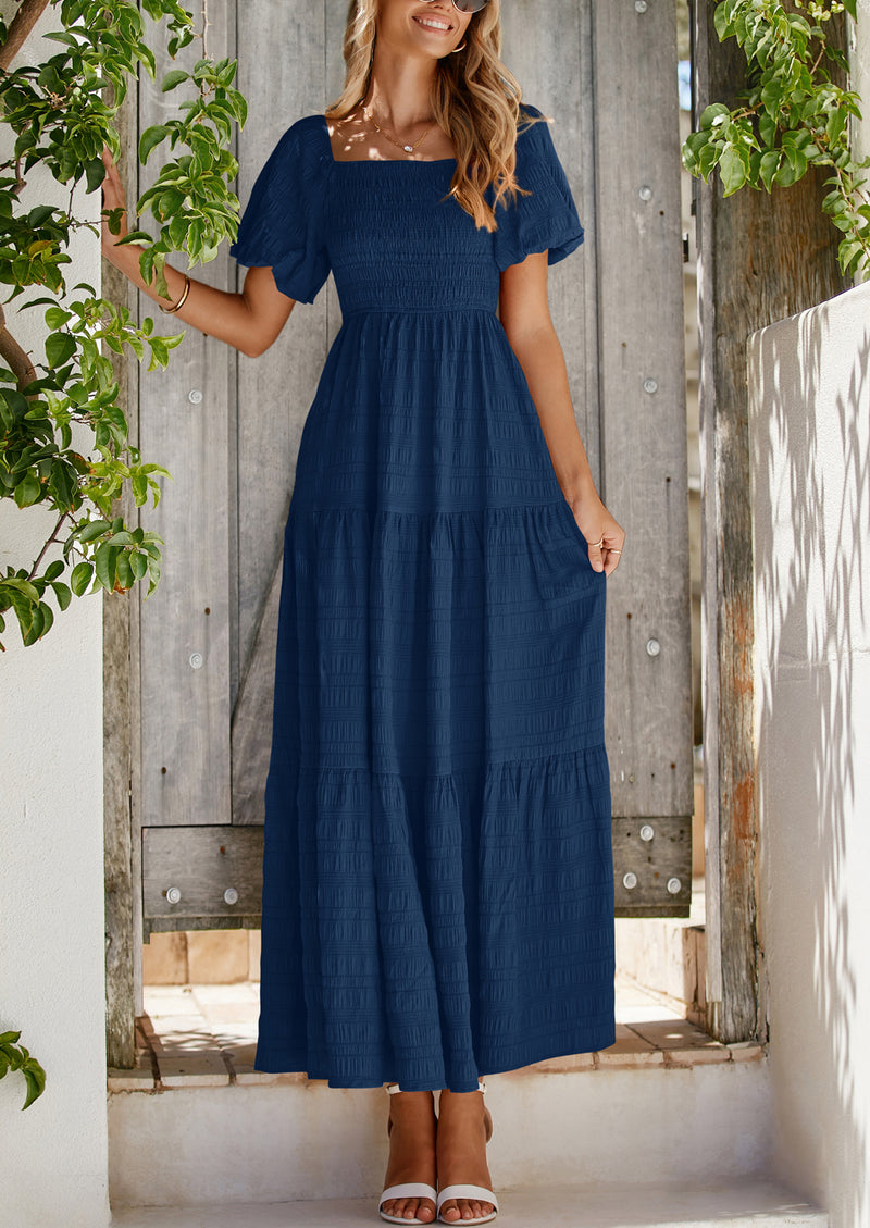 PRETTYGARDEN Womens Summer Smocked Tiered Ruffle A Line Beach Maxi Dresses
