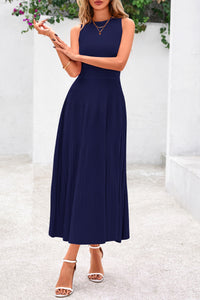 Sleeveless Crew Neck Knit A Line Pleated Swing Wedding Guest Casual Midi Dresses
