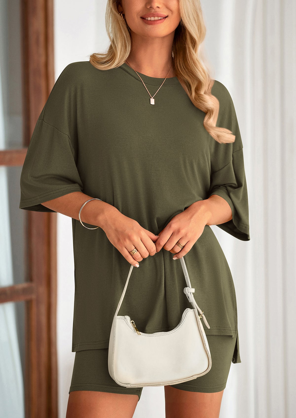 Casual Short Sleeved Round Neck Top Paired With Shorts Two-Piece Set