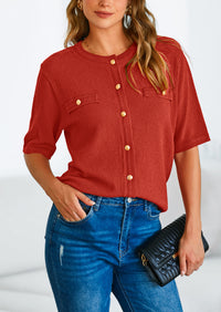 Button Down Casual Short Sleeve Crew Neck Ribbed Knit Shirts