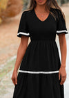 PRETTYGARDEN Women's Casual Summer Maxi Dress Short Sleeve Swiss Dot V Neck Smocked Long Flowy Beach Dresses