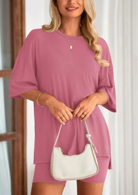 Casual Short Sleeved Round Neck Top Paired With Shorts Two-Piece Set