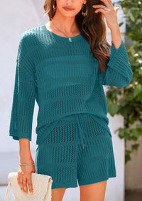 Cover up Hollow Out Knit Half Sleeve 2 Piece Sets