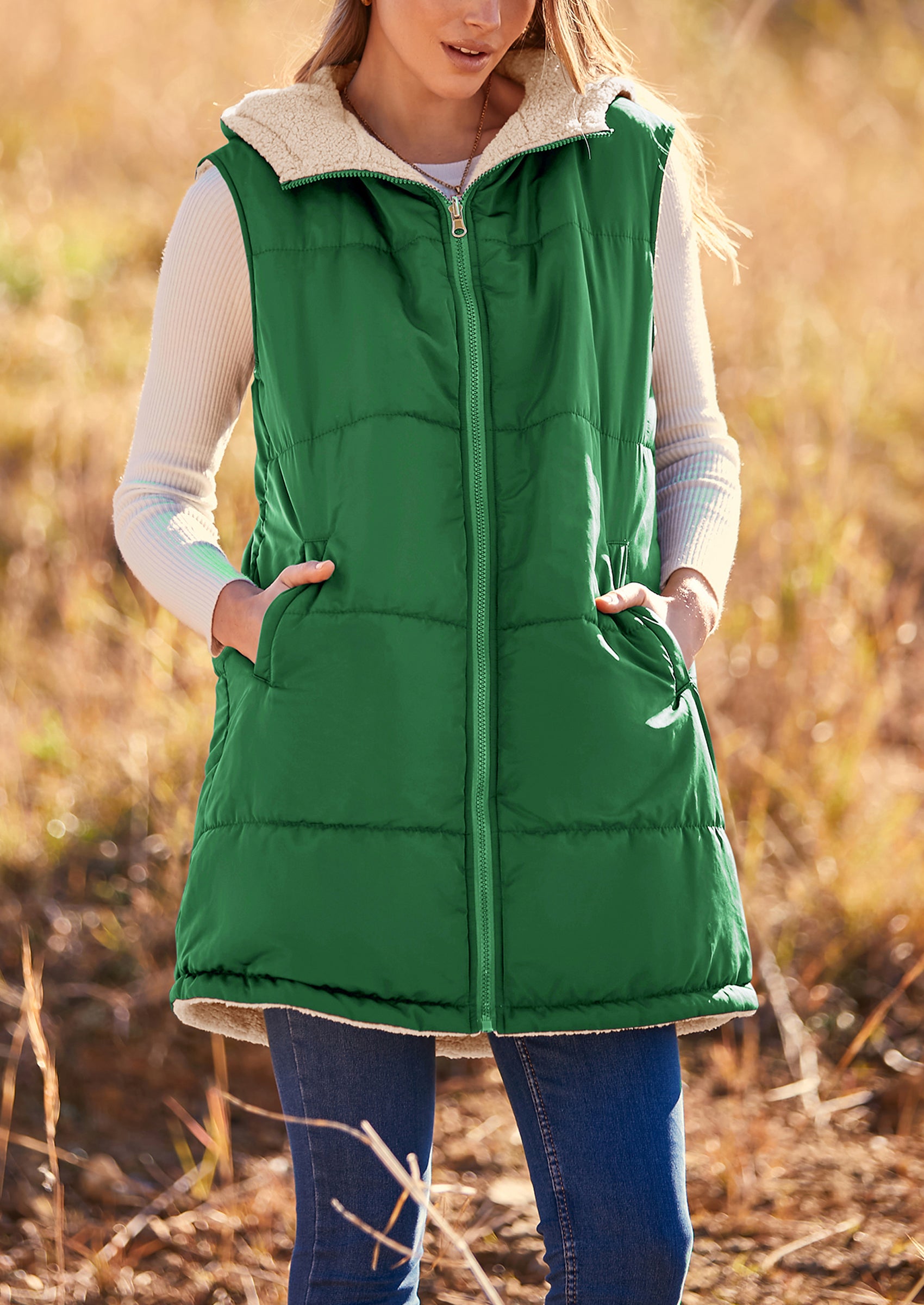 PRETTYGARDEN Womens Fall Reversible Vests Sleeveless Fleece Jacket Zip Up Hoodie Pockets Long Warm Winter Coat Outerwear