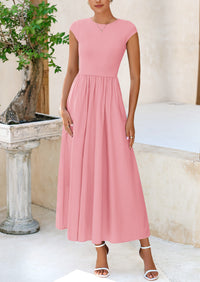 Casual Cap Sleeve Patchwork A Line Flowy Elegant Homecoming Maxi Dress