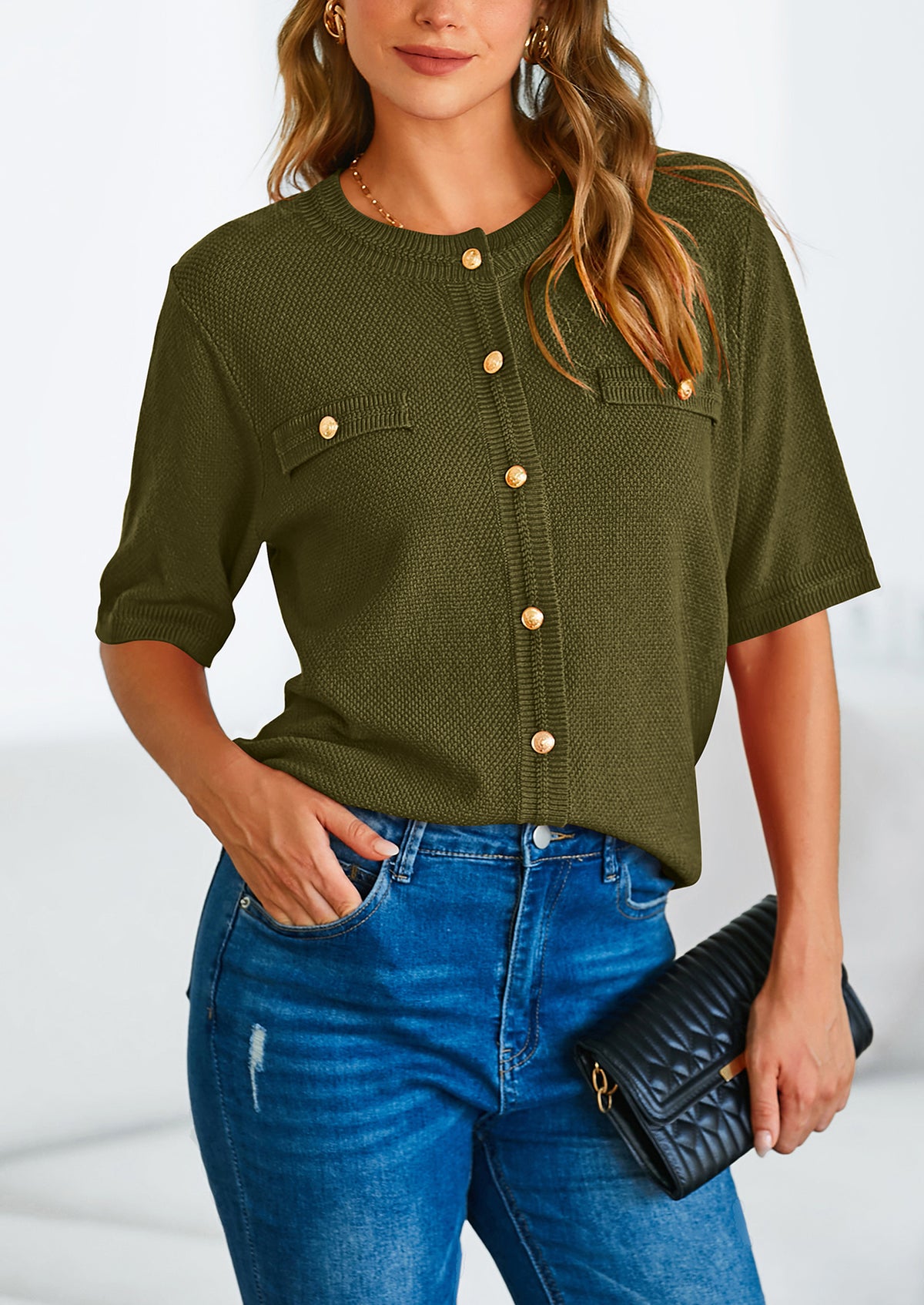 Button Down Casual Short Sleeve Crew Neck Ribbed Knit Shirts
