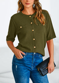 Button Down Casual Short Sleeve Crew Neck Ribbed Knit Shirts