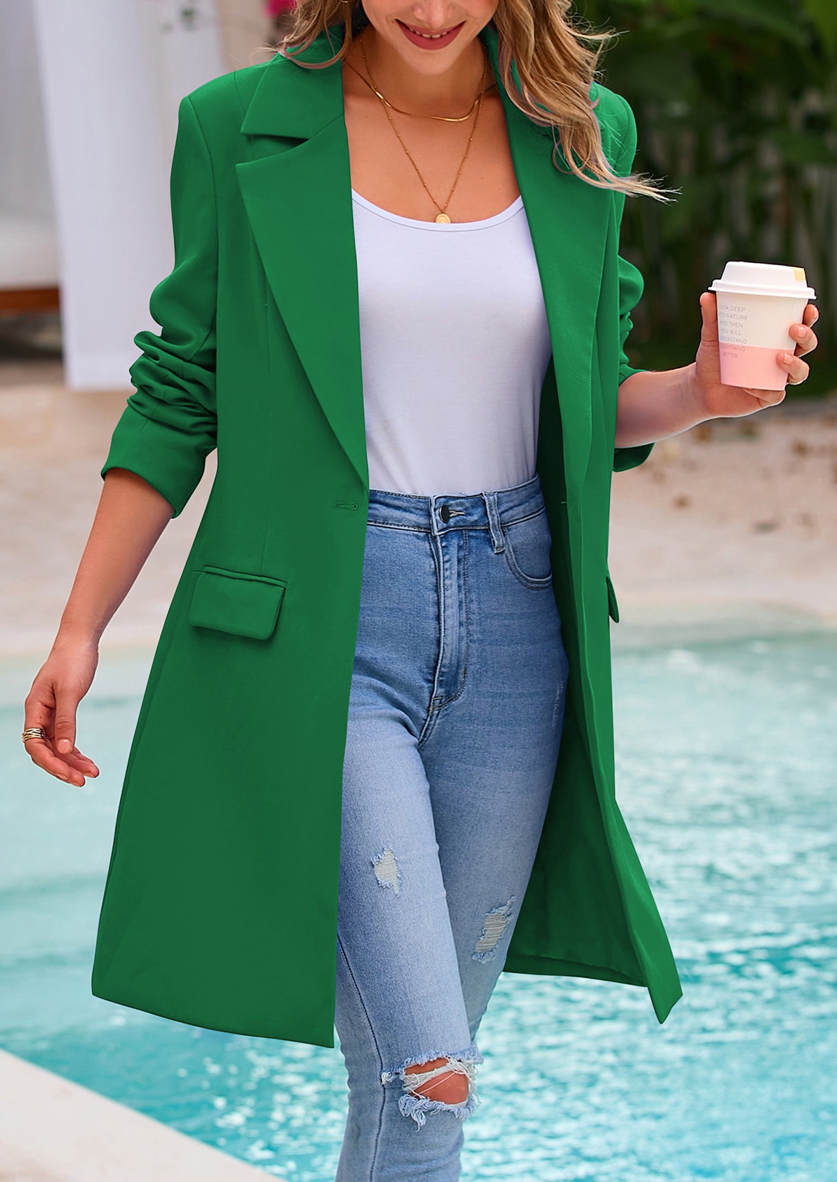 PRETTYGARDEN Women's Spring Fall Long Blazer Jackets Long Sleeve Lapel Pockets Loose Fit Work Casual Blazers Outerwear
