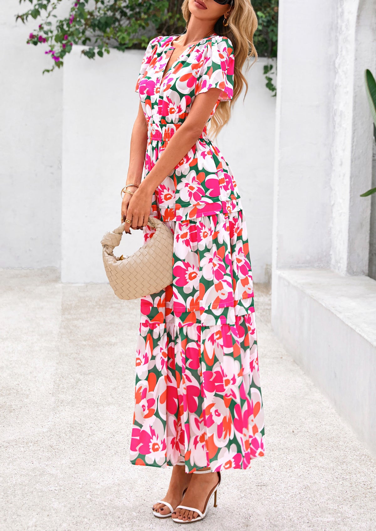 Boho Floral Short Sleeve V Neck A Line Tiered Ruffle Flowy Long Beach Vacation Maxi Dresses