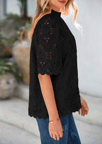 Short Sleeve Eyelet Embroidered Dressy Casual Blouse