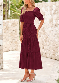 Casual Square Neck Short Sleeve Smocked A Line Floral Flowy Elegant Boho Midi Dresses