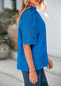 Short Sleeve Eyelet Embroidered Dressy Casual Blouse