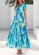 Boho Floral Short Sleeve V Neck A Line Tiered Ruffle Flowy Long Beach Vacation Maxi Dresses