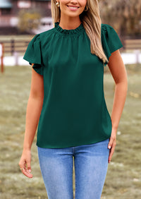 Satin Dressy Casual Ruffle Short Sleeve Crew Neck Work Party Blouses