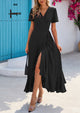 Leisure Bohemian Flower V-Neck Short Sleeved Ruffled Beach Long Skirt