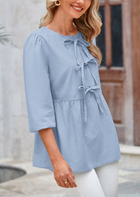 Babydoll Trendy 3/4 Length Puff Sleeve Bow Tie Front Cute Peplum Blouses