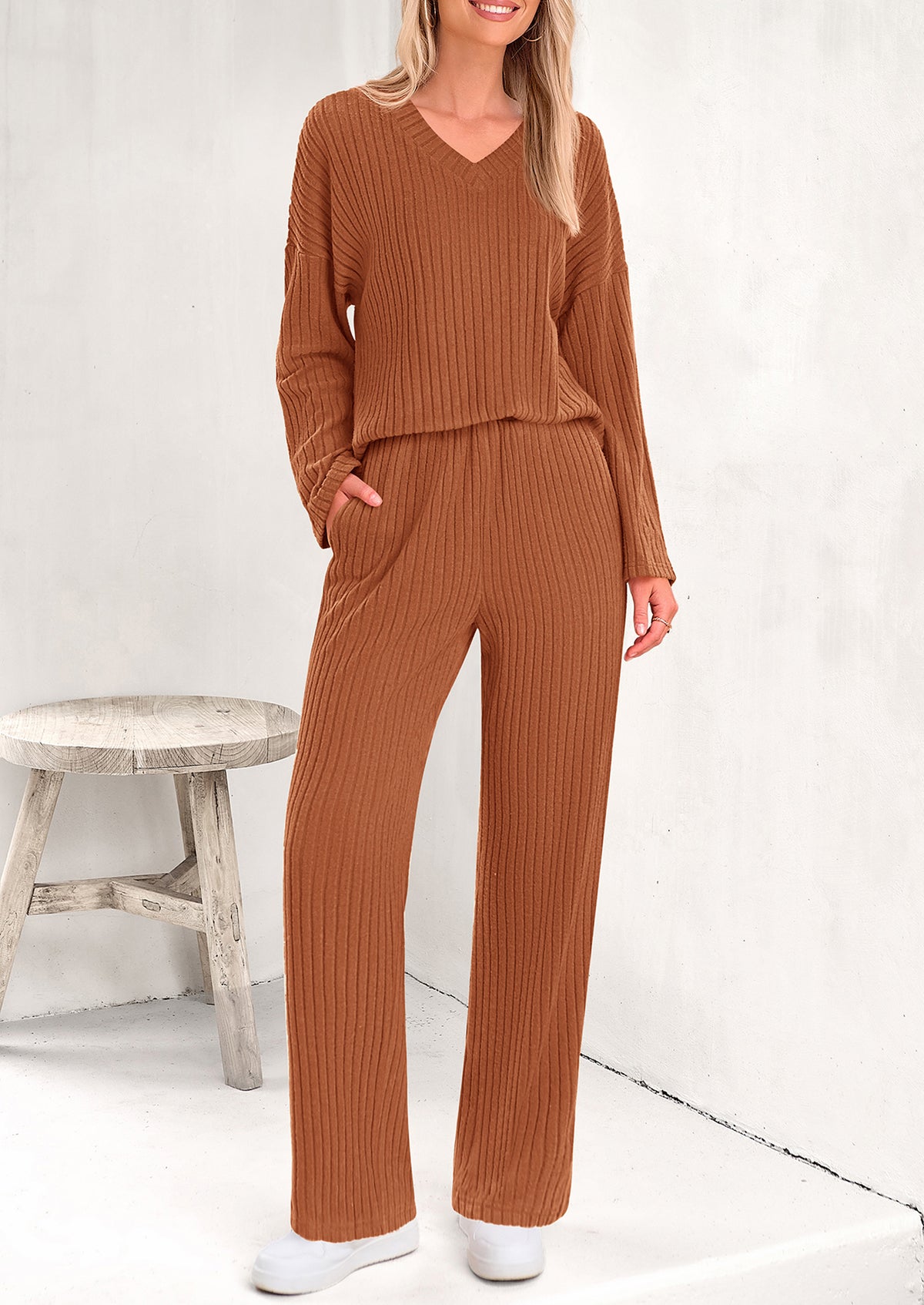 Knitted Long Sleeved V-Neck Pullover, Wide Leg Long Pants Two-Piece Set