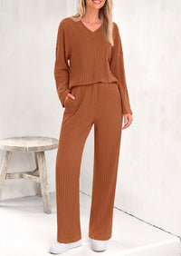 Knitted Long Sleeved V-Neck Pullover, Wide Leg Long Pants Two-Piece Set