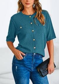 Button Down Casual Short Sleeve Crew Neck Ribbed Knit Shirts