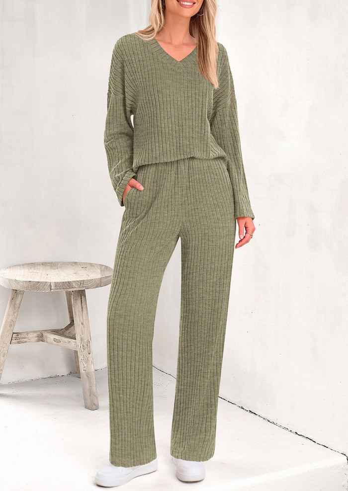 Knitted Long Sleeved V-Neck Pullover, Wide Leg Long Pants Two-Piece Set