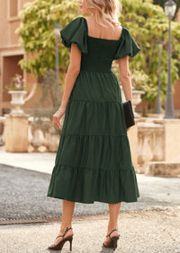 Casual Short Sleeved Square Neck Layered Pleated Dress