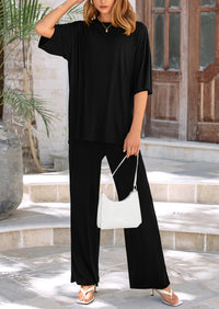 Casual Slit Short Sleeved Top, Loose Wide Leg Pants Two-Piece Set