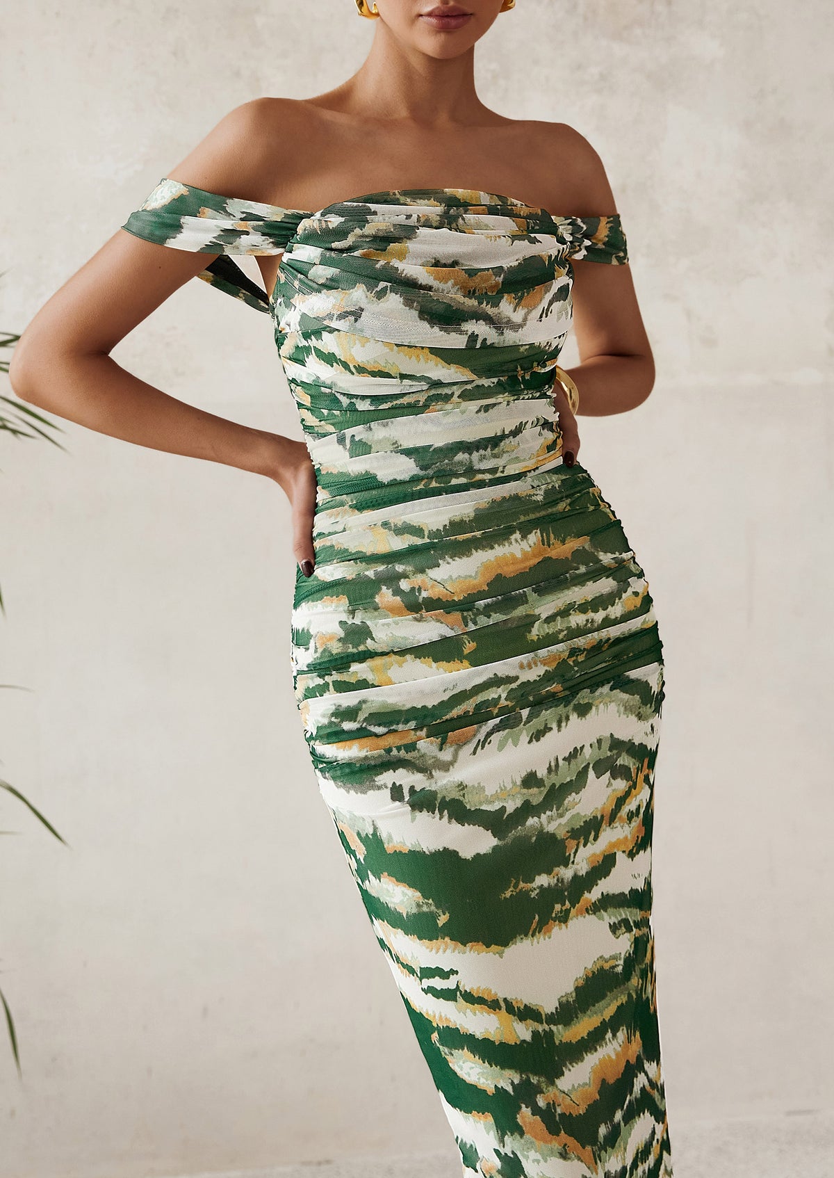 Ruched Bodycon Off Shoulder Floral Mesh Cocktail Party Fitted Maxi Dress