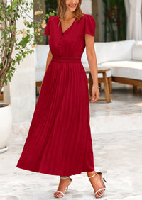 Casual Button V Neck Ruffle Cap Sleeve Long Flowy Pleated Maxi Dresses