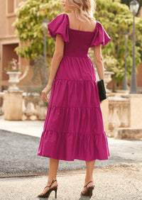 Casual Short Sleeved Square Neck Layered Pleated Dress