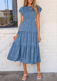Floral  Summer Cap Sleeve Smocked Ruffle A Line Long Flowy Wedding Guest Midi Dresses