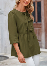 Babydoll Trendy 3/4 Length Puff Sleeve Bow Tie Front Cute Peplum Blouses