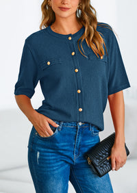 Button Down Casual Short Sleeve Crew Neck Ribbed Knit Shirts