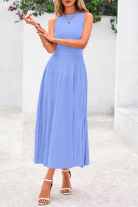 Sleeveless Crew Neck Knit A Line Pleated Swing Wedding Guest Casual Midi Dresses