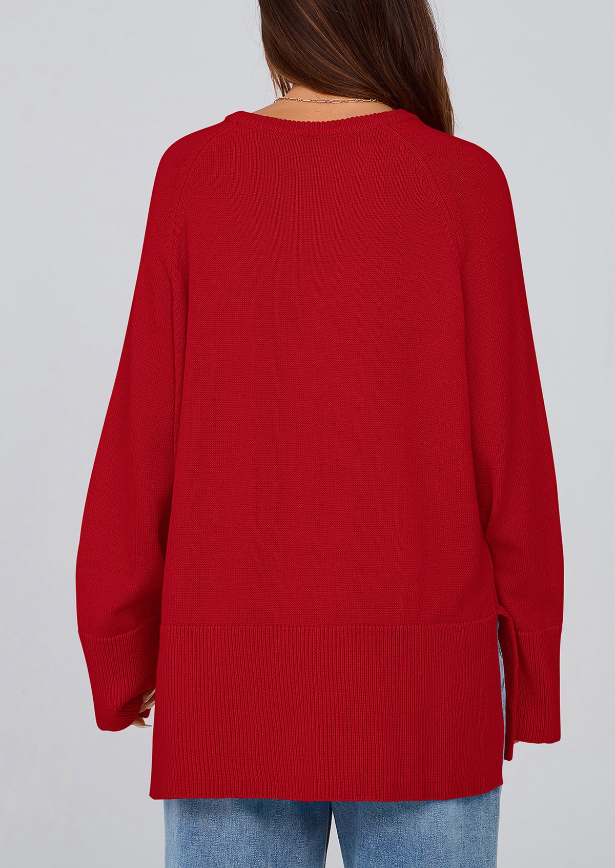 Knit Long Sleeve Crew Neck Split Hem Loose Oversized Tunic Sweaters