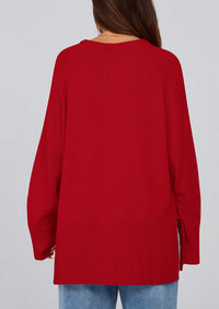 Knit Long Sleeve Crew Neck Split Hem Loose Oversized Tunic Sweaters