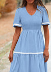 PRETTYGARDEN Women's Casual Summer Maxi Dress Short Sleeve Swiss Dot V Neck Smocked Long Flowy Beach Dresses