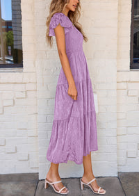 Floral  Summer Cap Sleeve Smocked Ruffle A Line Long Flowy Wedding Guest Midi Dresses
