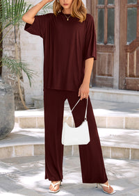 Short Sleeve Pullover Tops And Wide Leg Pants Two Piece Sets