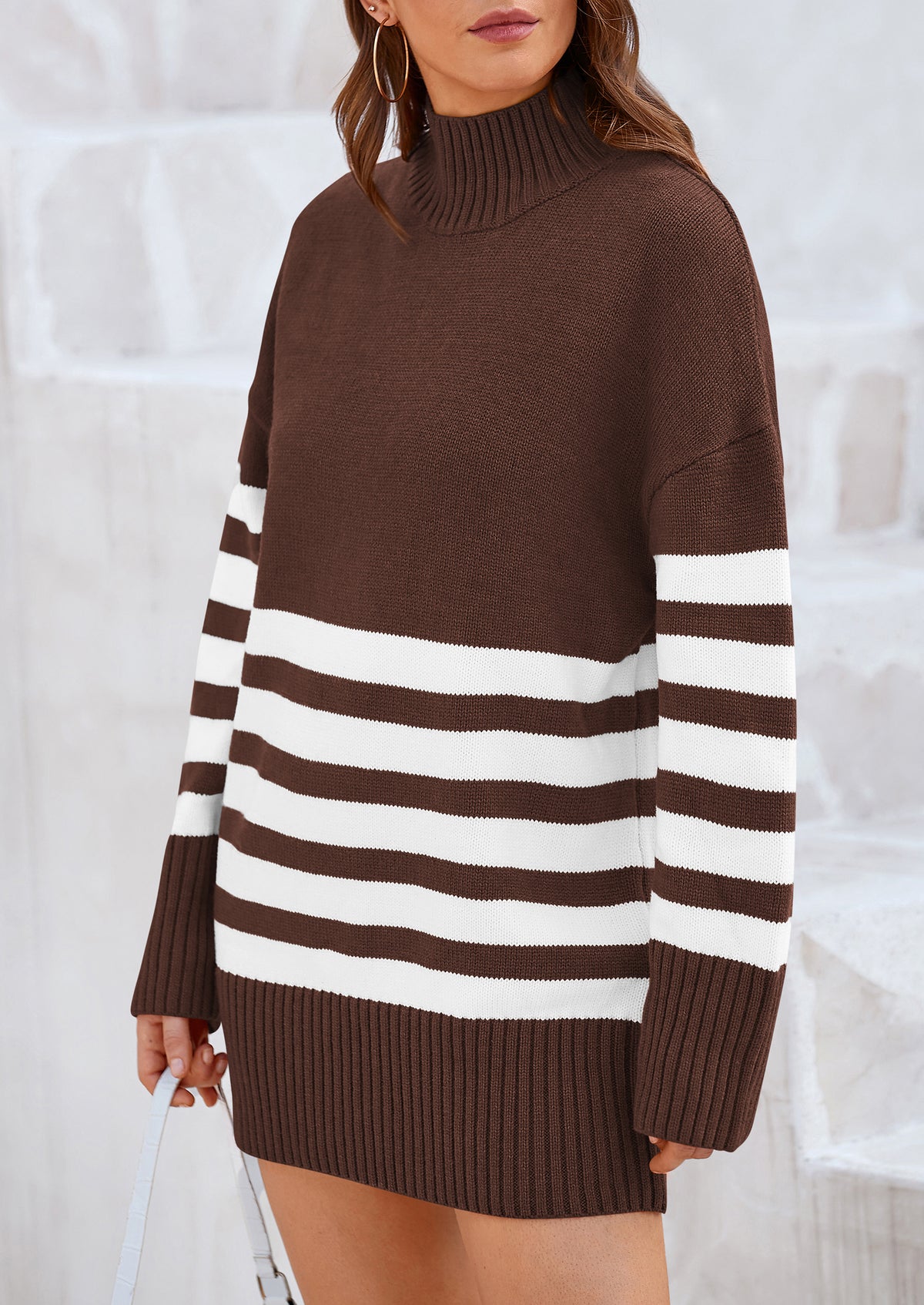 Striped Turtleneck Long Sleeve Loose Fit Chunky Knit Casual Mini Sweater Dresses