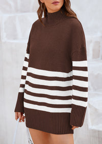 Striped Turtleneck Long Sleeve Loose Fit Chunky Knit Casual Mini Sweater Dresses